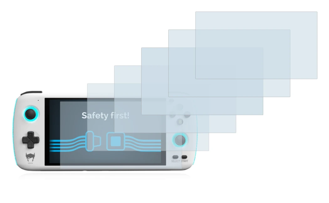 Immagine del dispositivo AYN Odin con un'ampia varietà di protezioni per lo schermo.