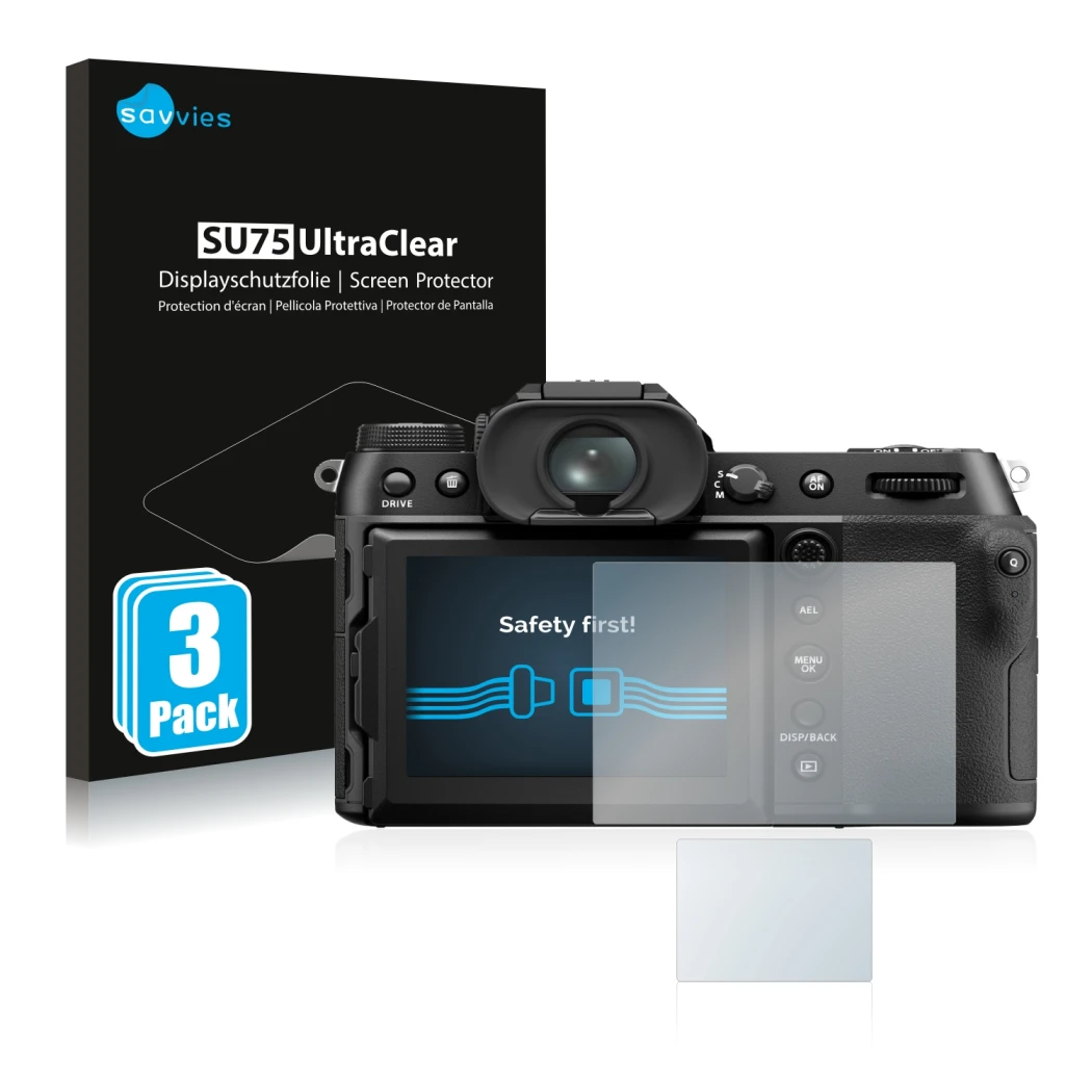 Parte frontale di una confezione del prodotto con il logo del marchio Savvies. Accanto è raffigurato il dispositivo Fujifilm G