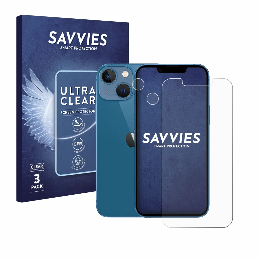 Parte frontale di una confezione del prodotto con il logo del marchio Savvies. Accanto è raffigurato il dispositivo Apple iPho