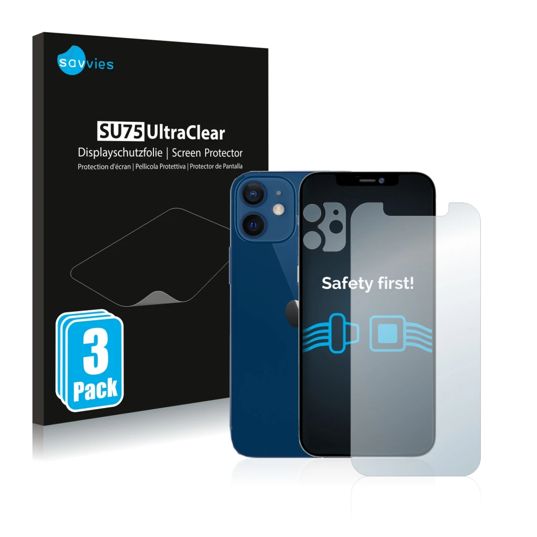 Parte frontale di una confezione del prodotto con il logo del marchio Savvies. Accanto è raffigurato il dispositivo Apple iPho