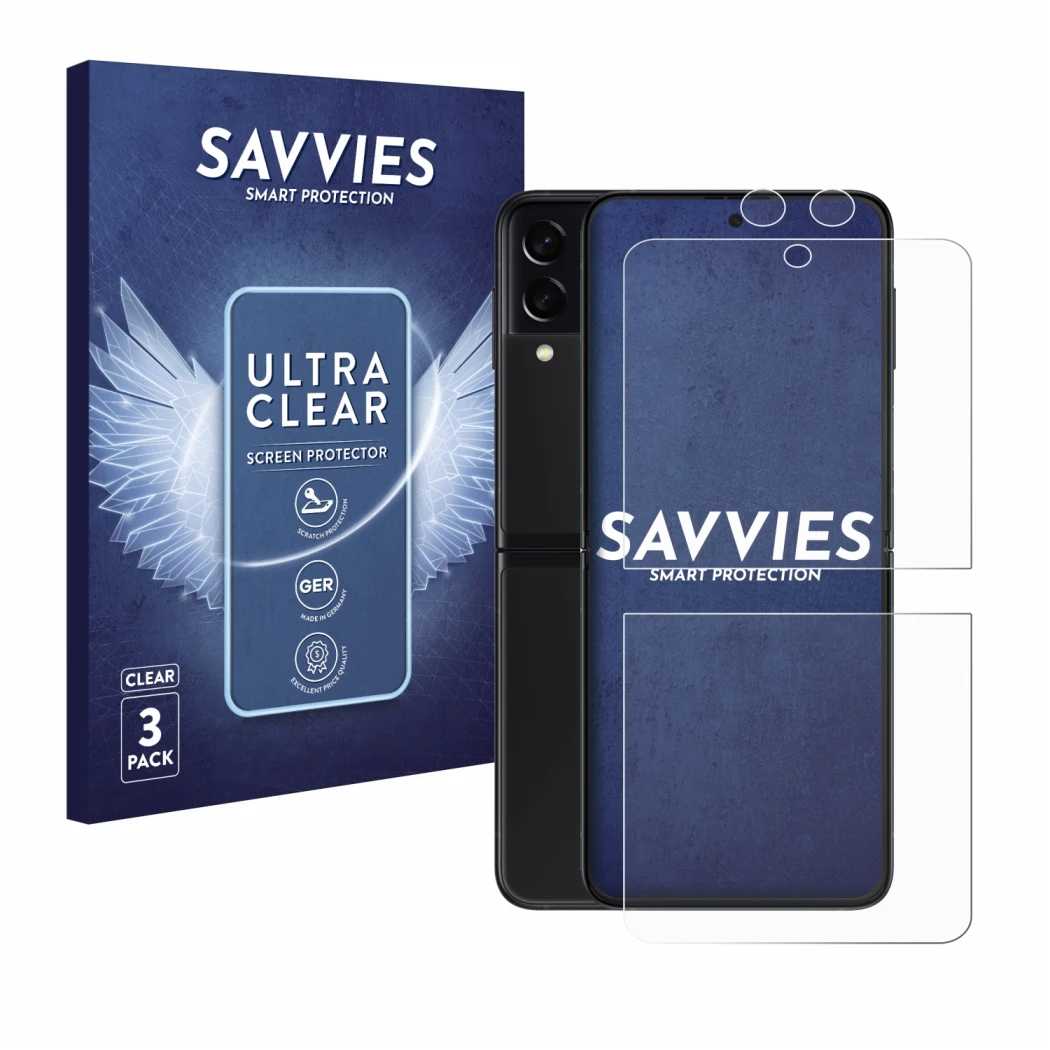 Parte frontale di una confezione del prodotto con il logo del marchio Savvies. Accanto è raffigurato il dispositivo Samsung Ga