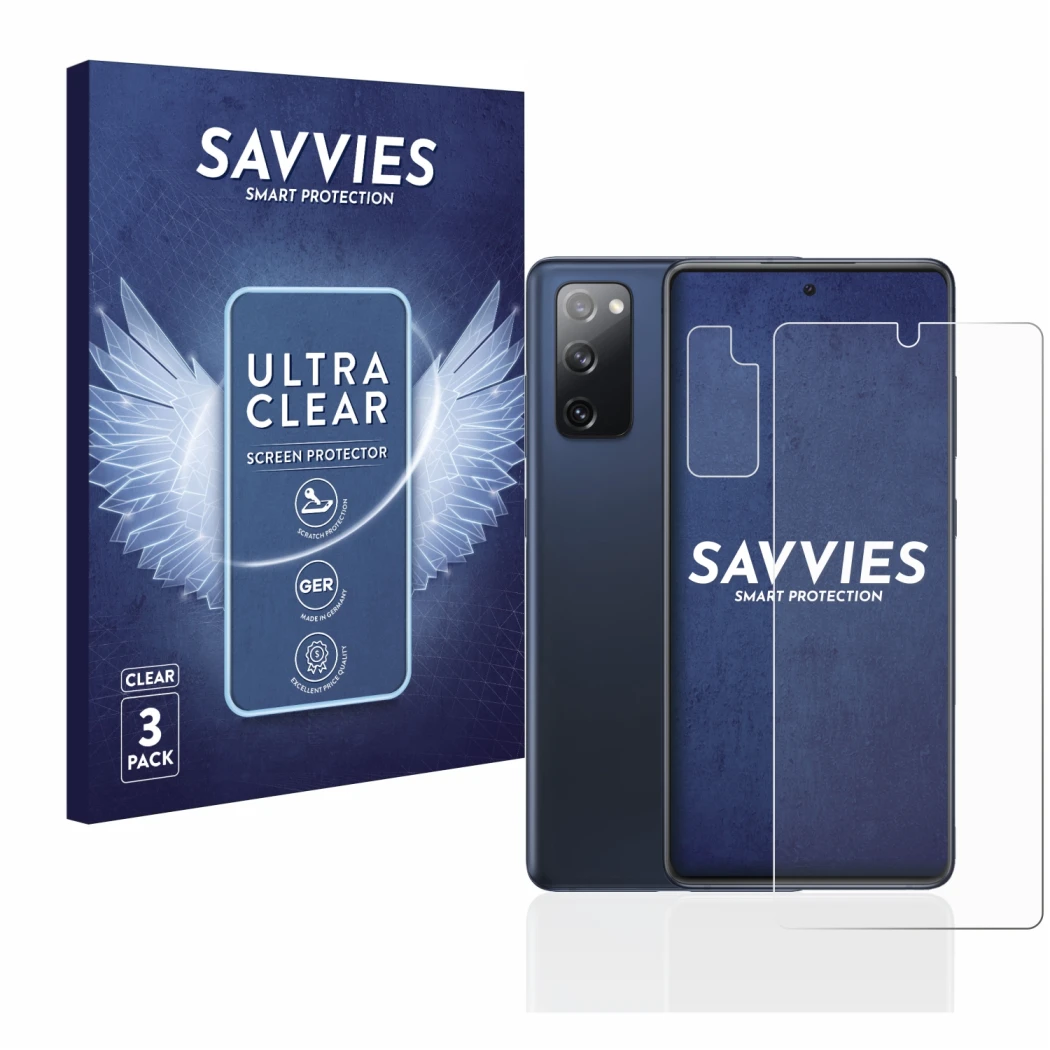 Parte frontale di una confezione del prodotto con il logo del marchio Savvies. Accanto è raffigurato il dispositivo Samsung Ga