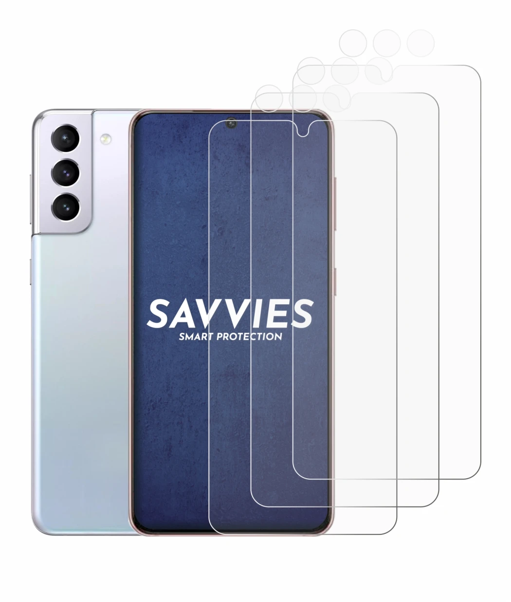 Immagine del dispositivo Samsung Galaxy S21 (Fronte+Fotocamera) con un'ampia varietà di protezioni per lo schermo.