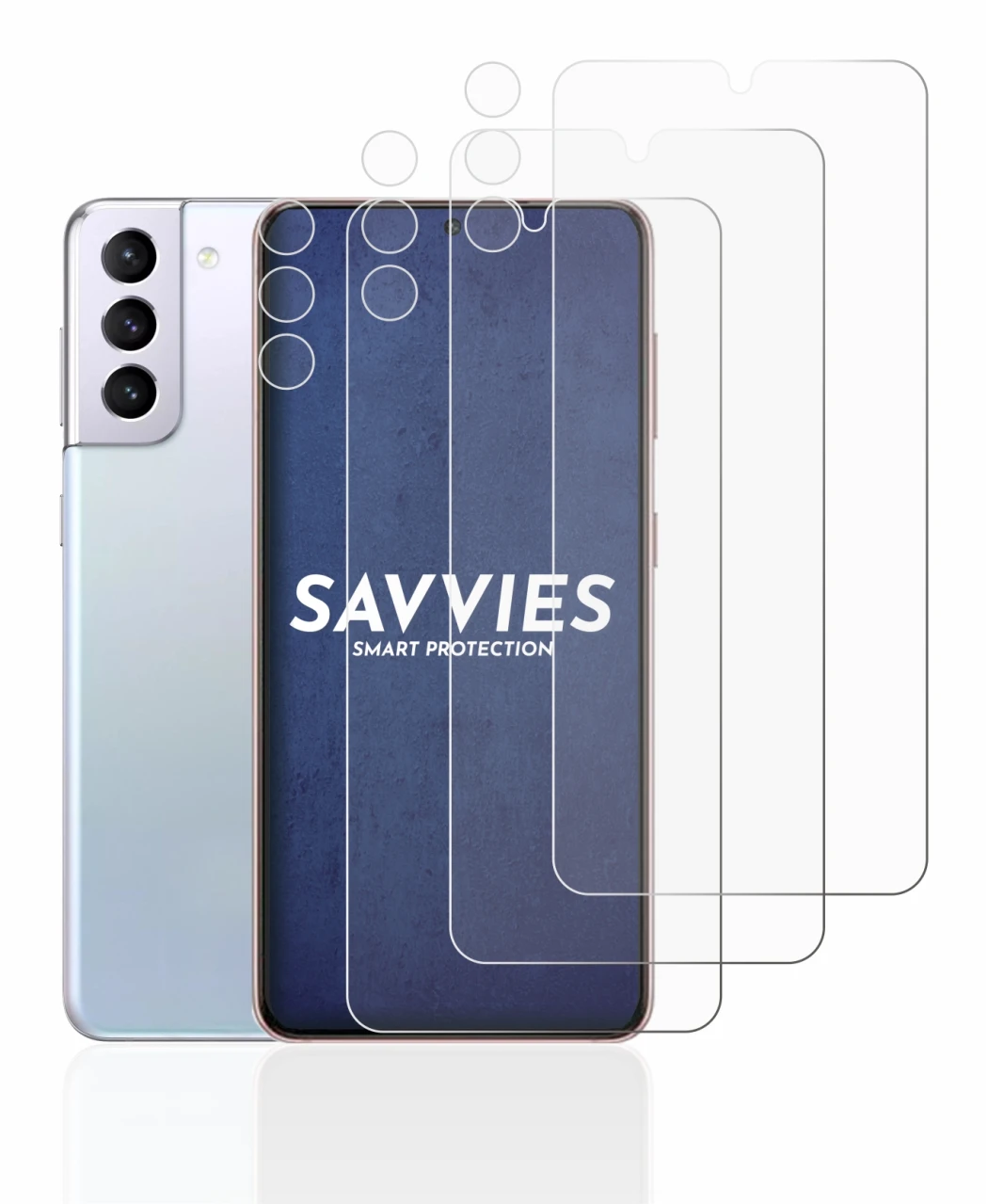 Immagine del dispositivo Samsung Galaxy S21 5G (Fronte+Fotocamera) con un'ampia varietà di protezioni per lo schermo.