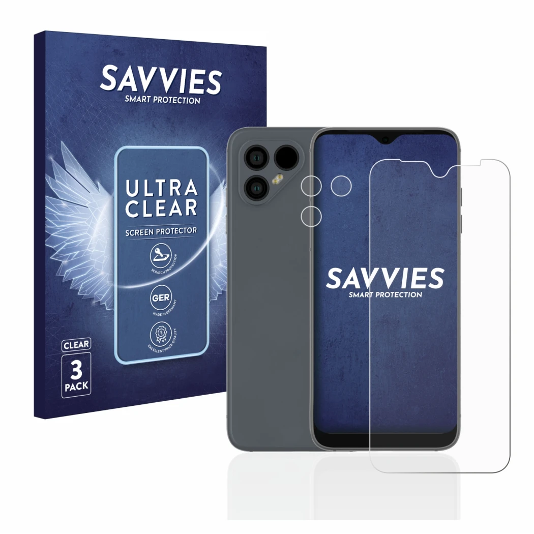 Parte frontale di una confezione del prodotto con il logo del marchio Savvies. Accanto è raffigurato il dispositivo Fairphone 