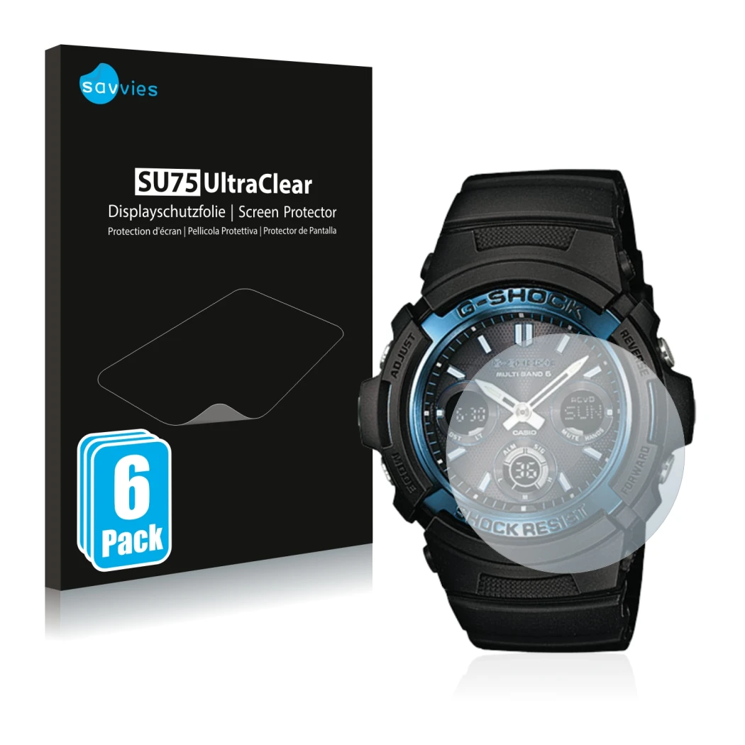 Parte frontale di una confezione del prodotto con il logo del marchio Savvies. Accanto è raffigurato il dispositivo Casio AWG 