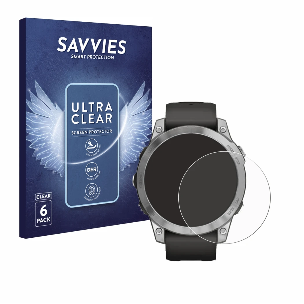 Parte frontale di una confezione del prodotto con il logo del marchio Savvies. Accanto è raffigurato il dispositivo Garmin Fen
