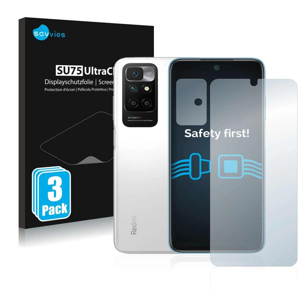 Parte frontale di una confezione del prodotto con il logo del marchio Savvies. Accanto è raffigurato il dispositivo Xiaomi Red