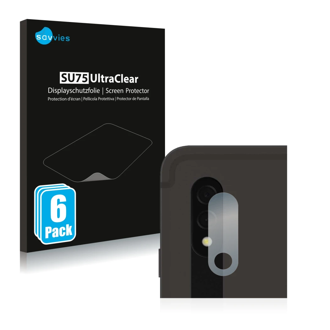 Parte frontale di una confezione del prodotto con il logo del marchio Savvies. Accanto è raffigurato il dispositivo Samsung Ga