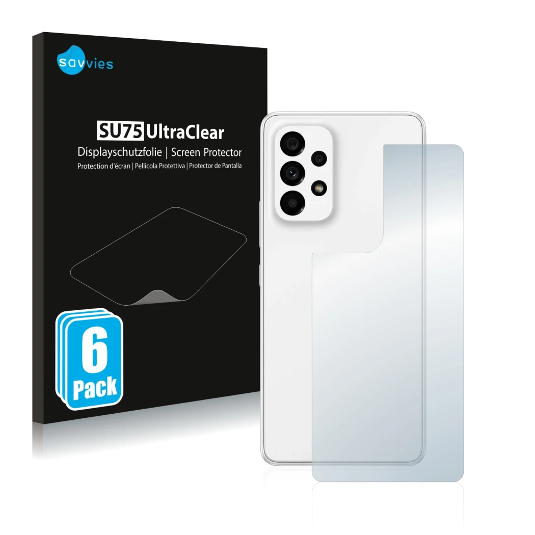 Parte frontale di una confezione del prodotto con il logo del marchio Savvies. Accanto è raffigurato il dispositivo Samsung Ga