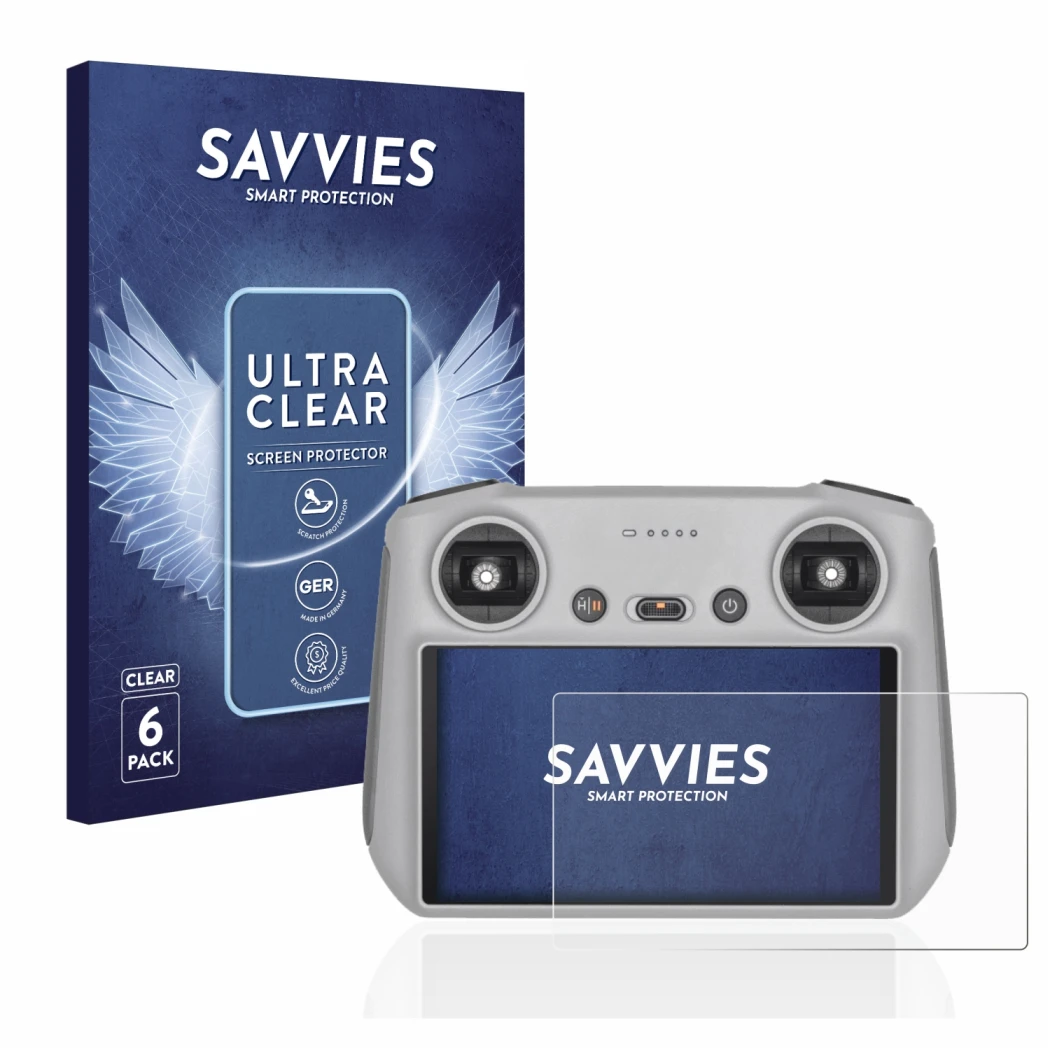 Parte frontale di una confezione del prodotto con il logo del marchio Savvies. Accanto è raffigurato il dispositivo DJI RC Con
