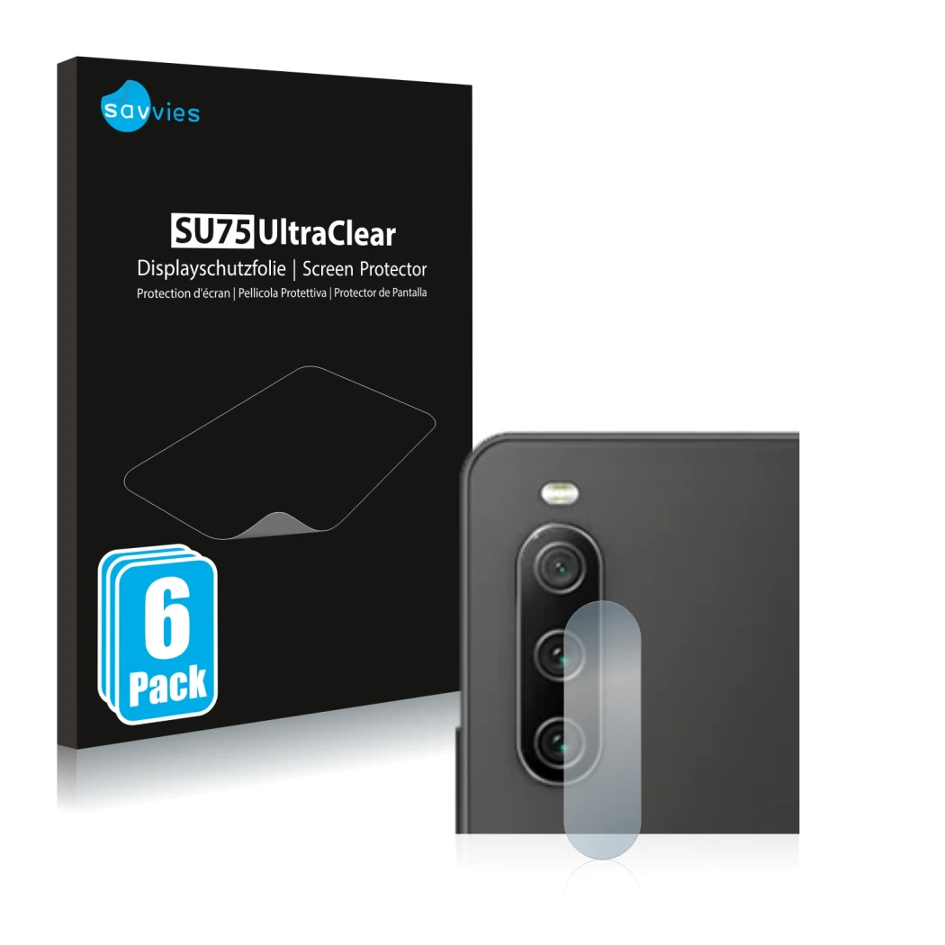 Parte frontale di una confezione del prodotto con il logo del marchio Savvies. Accanto è raffigurato il dispositivo Sony Xperi