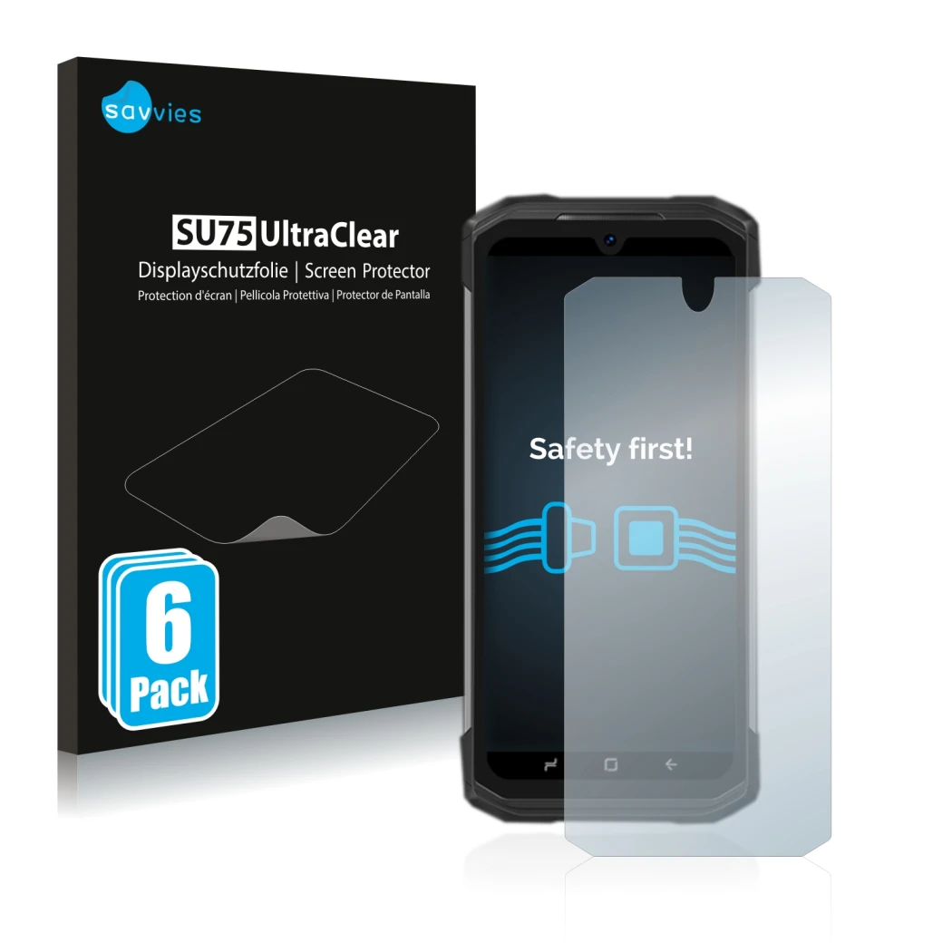 Parte frontale di una confezione del prodotto con il logo del marchio Savvies. Accanto è raffigurato il dispositivo Doogee S98