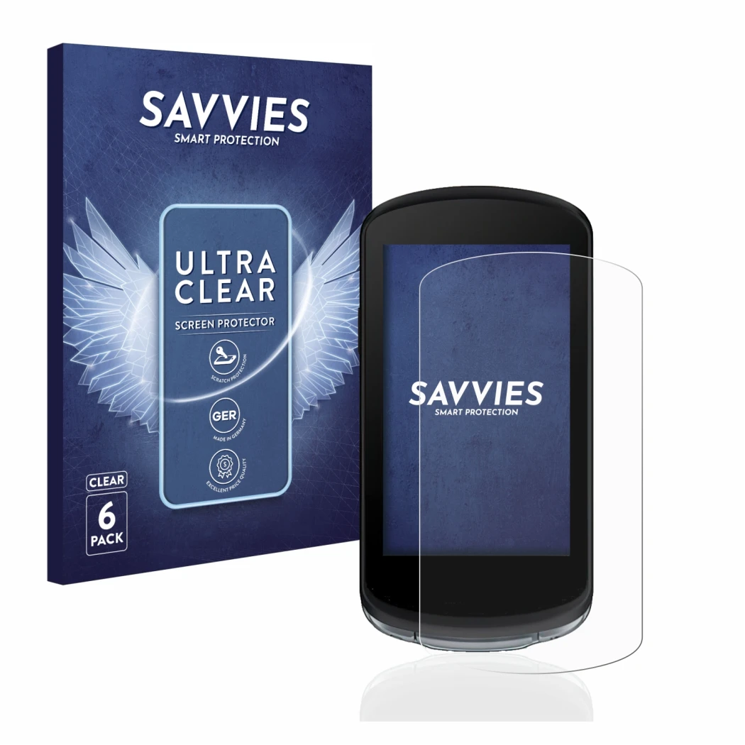 Parte frontale di una confezione del prodotto con il logo del marchio Savvies. Accanto è raffigurato il dispositivo Garmin Edg