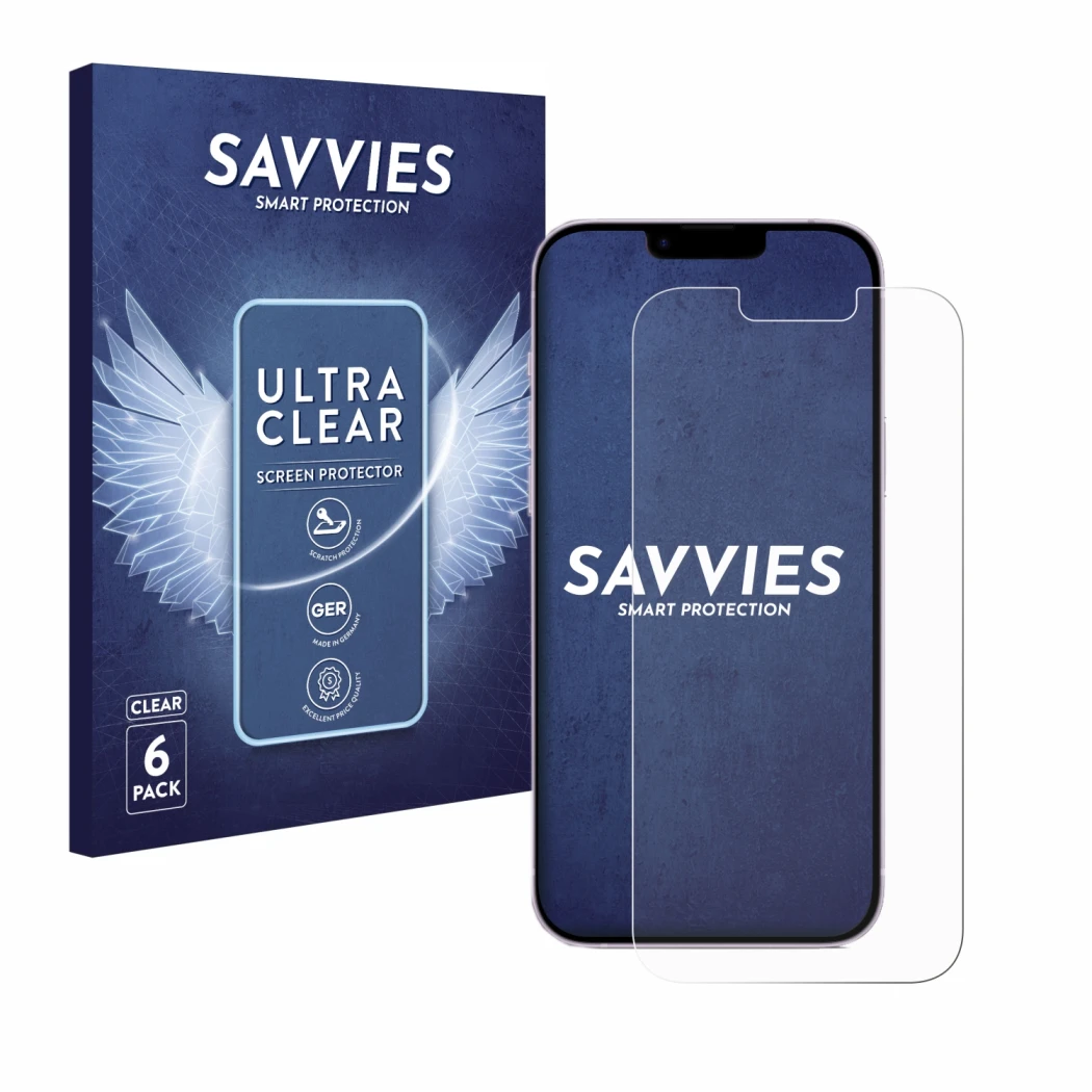 Parte frontale di una confezione del prodotto con il logo del marchio Savvies. Accanto è raffigurato il dispositivo Apple iPho