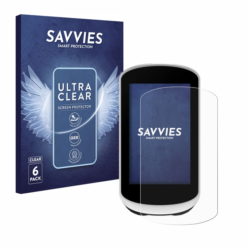 Parte frontale di una confezione del prodotto con il logo del marchio Savvies. Accanto è raffigurato il dispositivo Garmin Edg