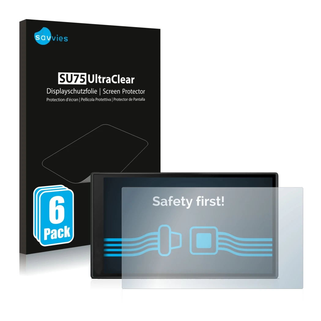 Parte frontale di una confezione del prodotto con il logo del marchio Savvies. Accanto è raffigurato il dispositivo Garmin Dri