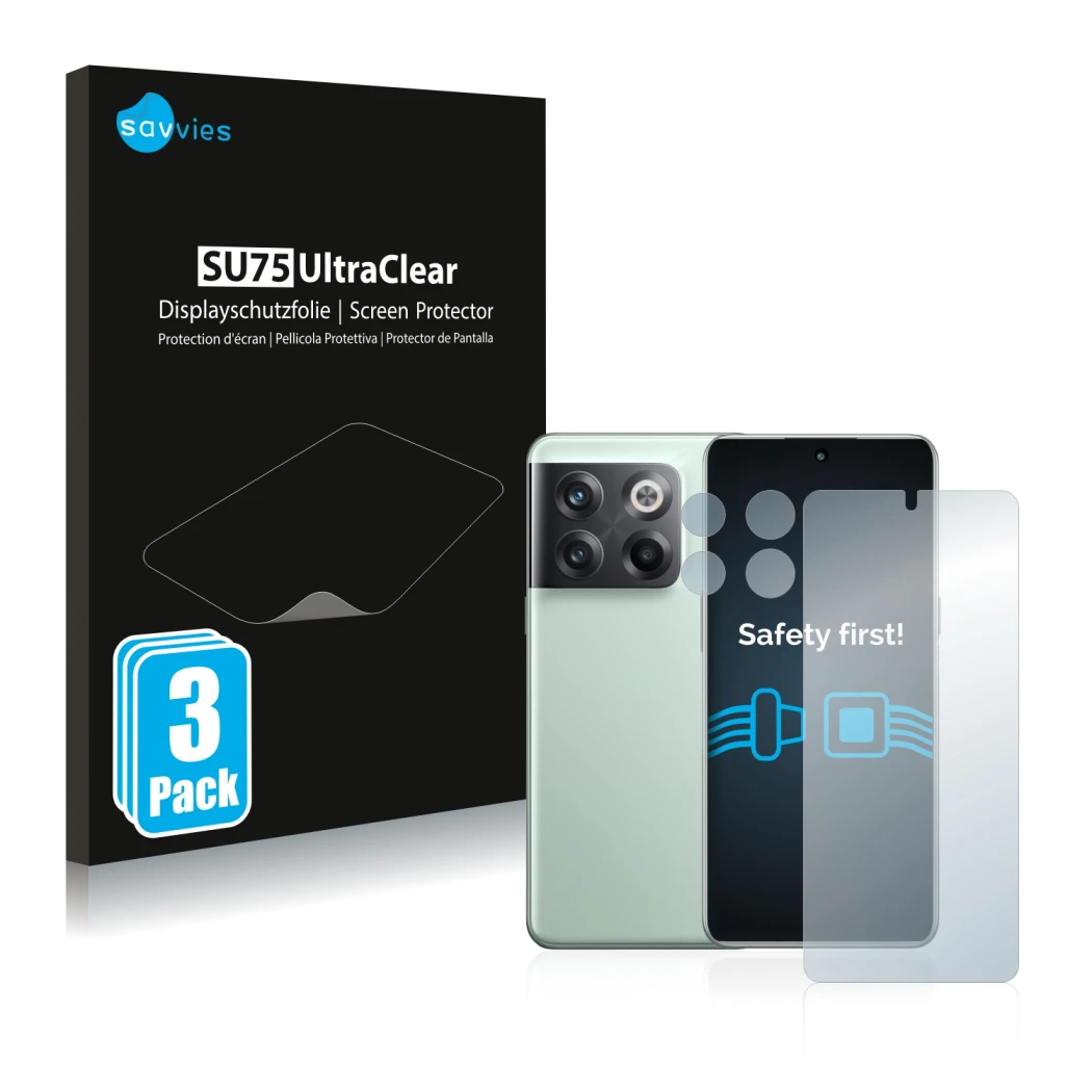 Parte frontale di una confezione del prodotto con il logo del marchio Savvies. Accanto è raffigurato il dispositivo OnePlus 10