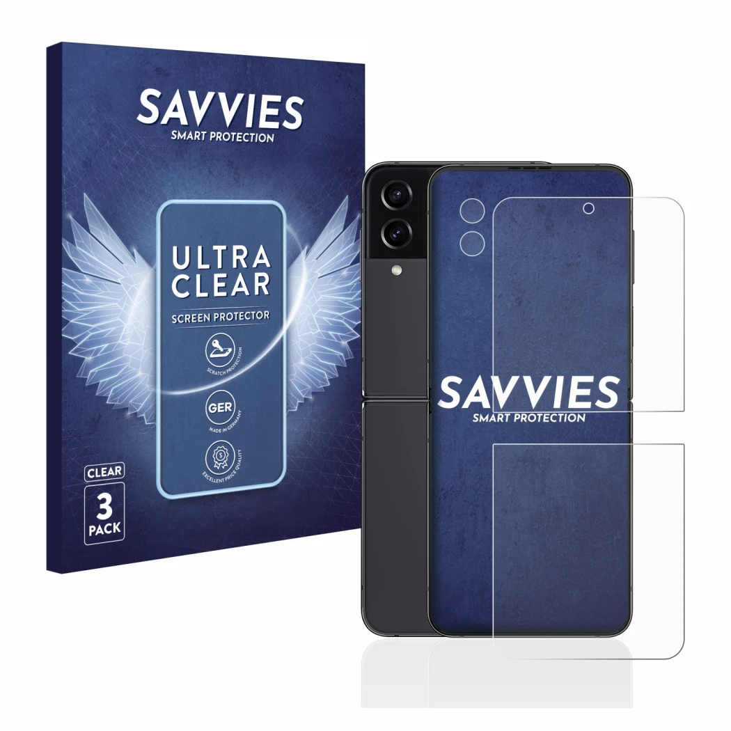 Parte frontale di una confezione del prodotto con il logo del marchio Savvies. Accanto è raffigurato il dispositivo Samsung Ga