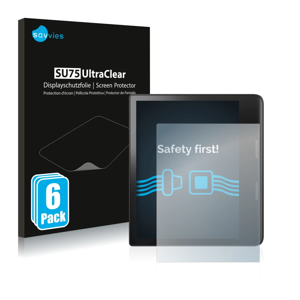 Parte frontale di una confezione del prodotto con il logo del marchio Savvies. Accanto è raffigurato il dispositivo Tolino Epo