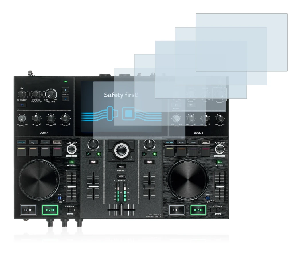 Immagine del dispositivo Denon DJ Prime Go con un'ampia varietà di protezioni per lo schermo.