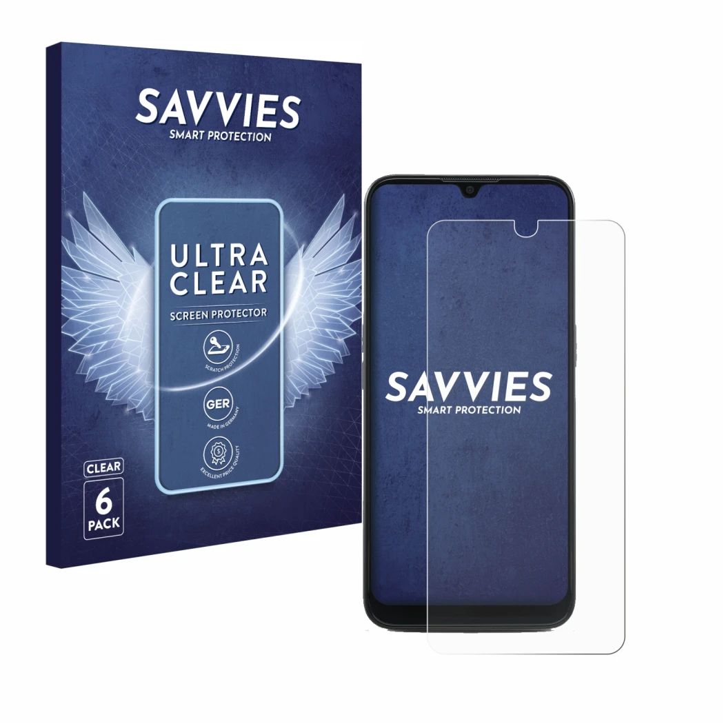 Parte frontale di una confezione del prodotto con il logo del marchio Savvies. Accanto è raffigurato il dispositivo Doro 8100 