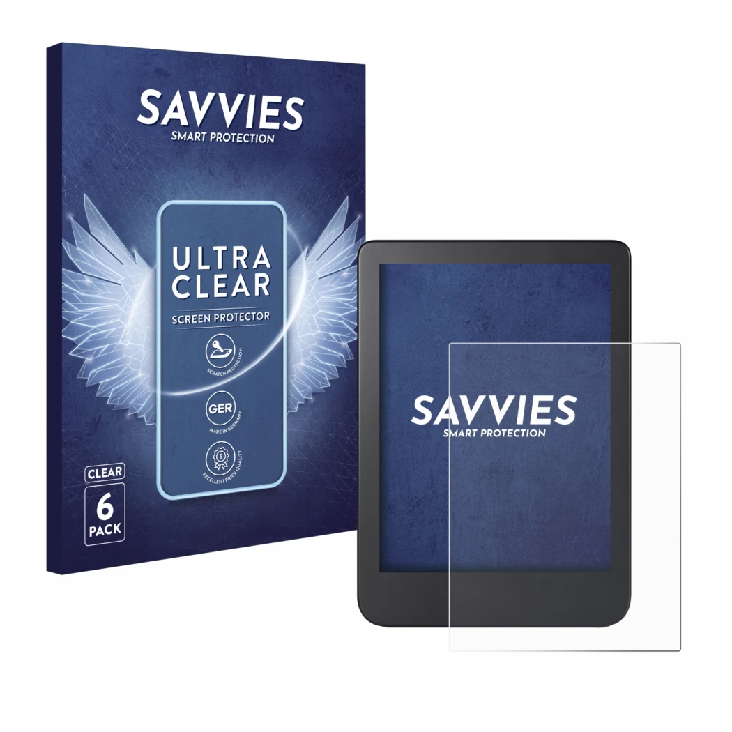 Parte frontale di una confezione del prodotto con il logo del marchio Savvies. Accanto è raffigurato il dispositivo Kobo Clara