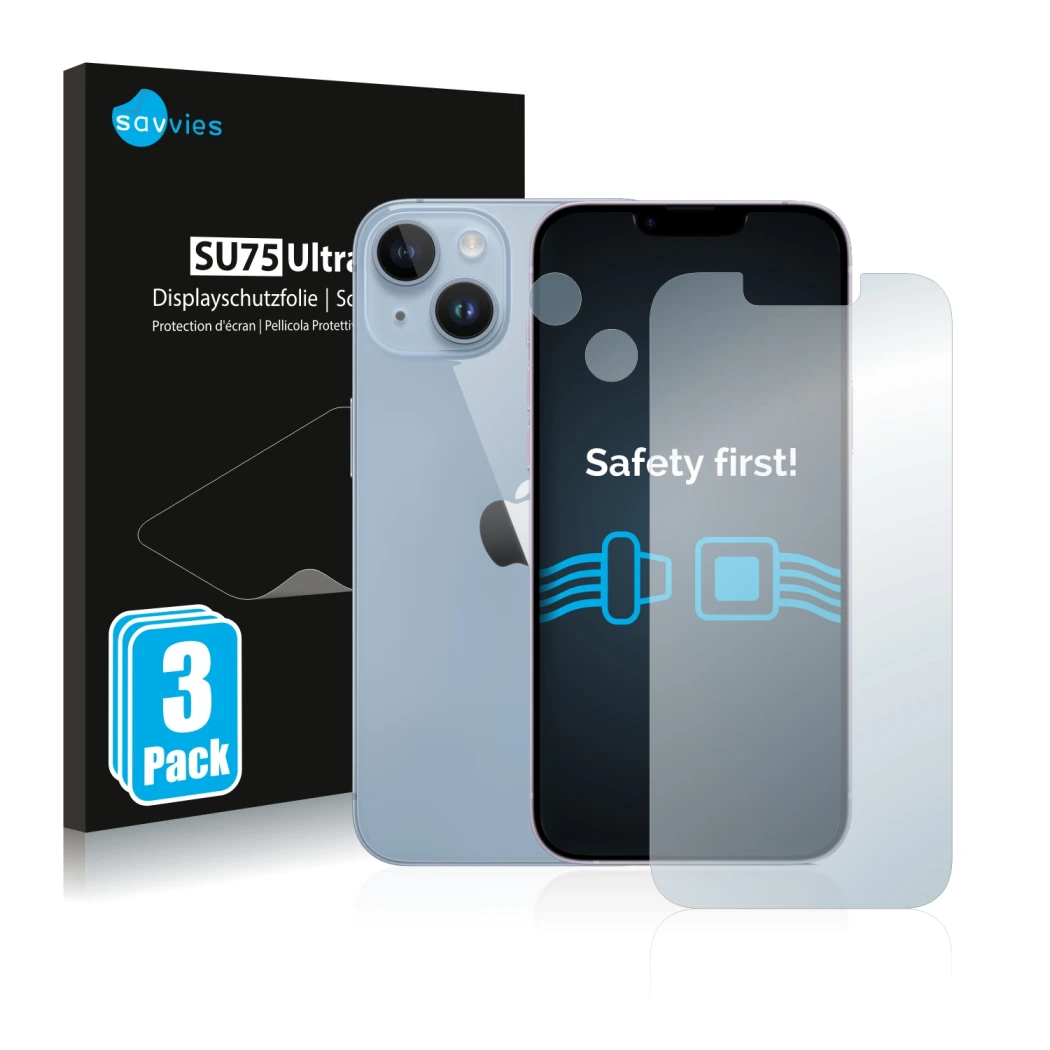 Parte frontale di una confezione del prodotto con il logo del marchio Savvies. Accanto è raffigurato il dispositivo Apple iPho