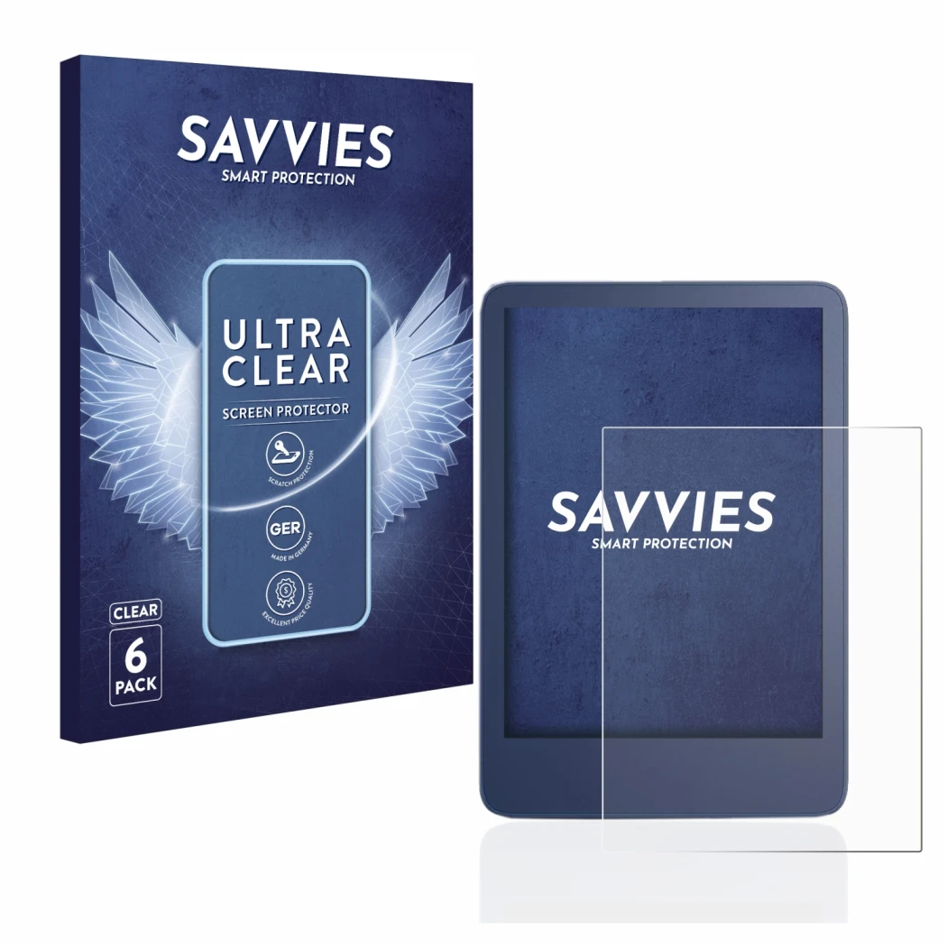 Parte frontale di una confezione del prodotto con il logo del marchio Savvies. Accanto è raffigurato il dispositivo Amazon Kin
