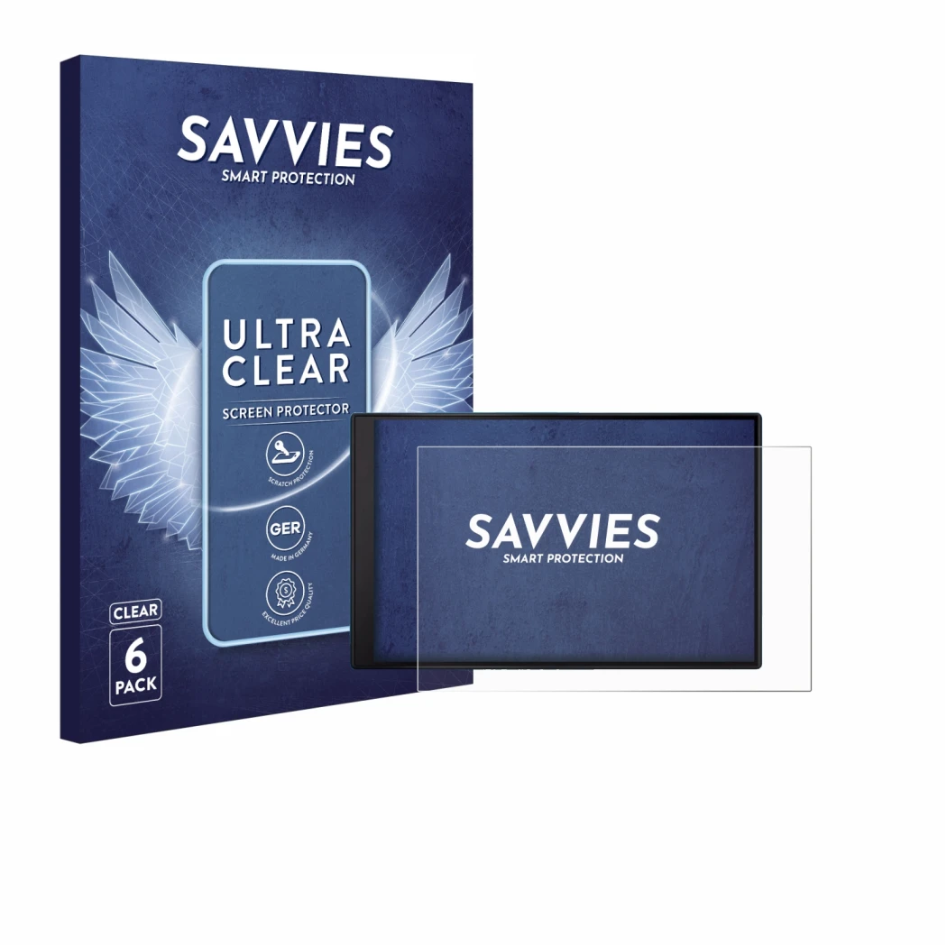 Parte frontale di una confezione del prodotto con il logo del marchio Savvies. Accanto è raffigurato il dispositivo Garmin Dri