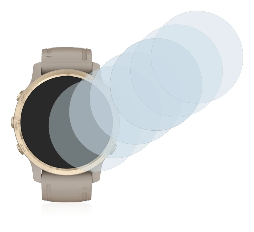 Immagine del dispositivo Garmin Fenix 6S Pro Solar con un'ampia varietà di protezioni per lo schermo.