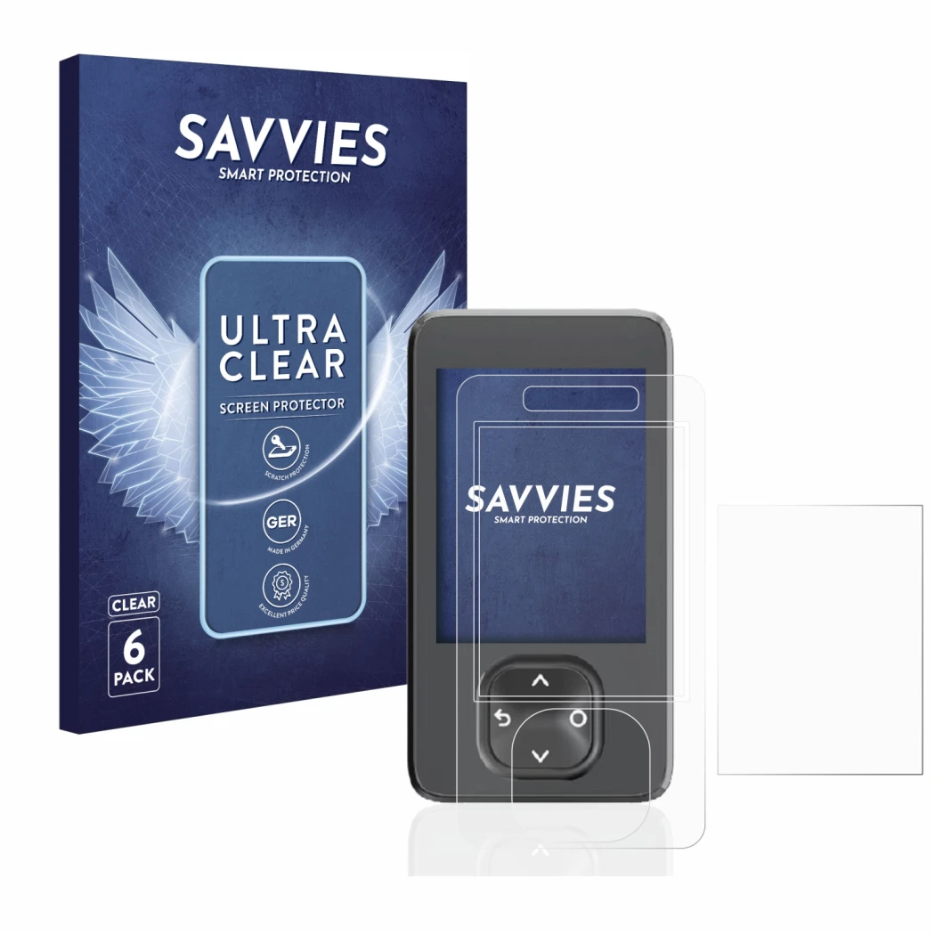 Parte frontale di una confezione del prodotto con il logo del marchio Savvies. Accanto è raffigurato il dispositivo Dexcom G7 