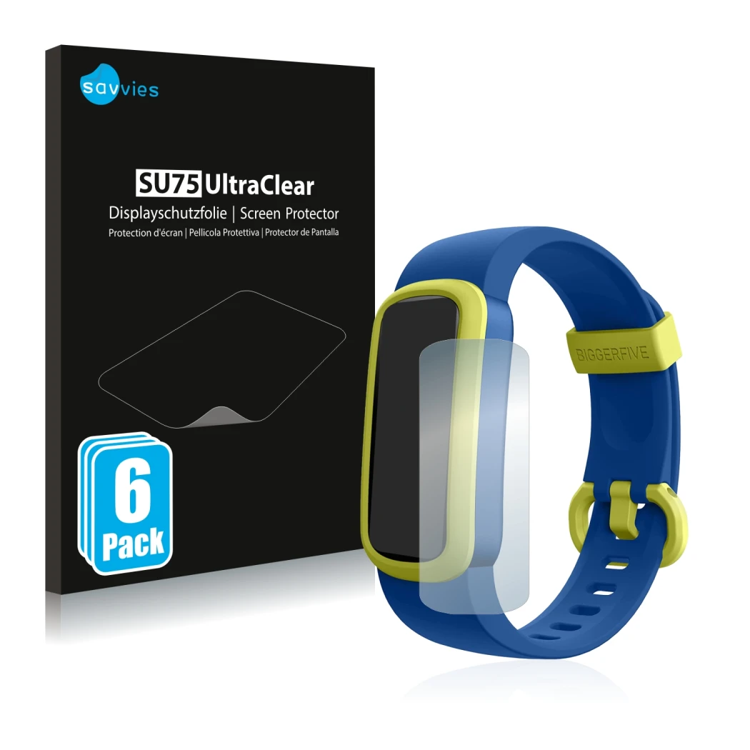 Parte frontale di una confezione del prodotto con il logo del marchio Savvies. Accanto è raffigurato il dispositivo Biggerfive