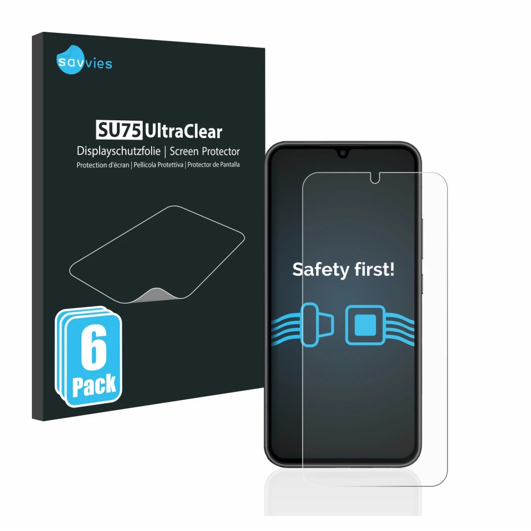 Parte frontale di una confezione del prodotto con il logo del marchio Savvies. Accanto è raffigurato il dispositivo Samsung Ga