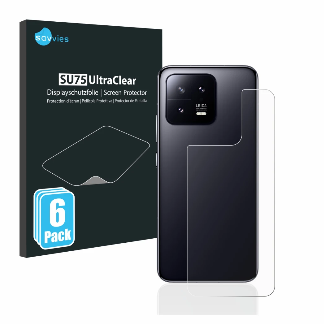 Parte frontale di una confezione del prodotto con il logo del marchio Savvies. Accanto è raffigurato il dispositivo Xiaomi 13 