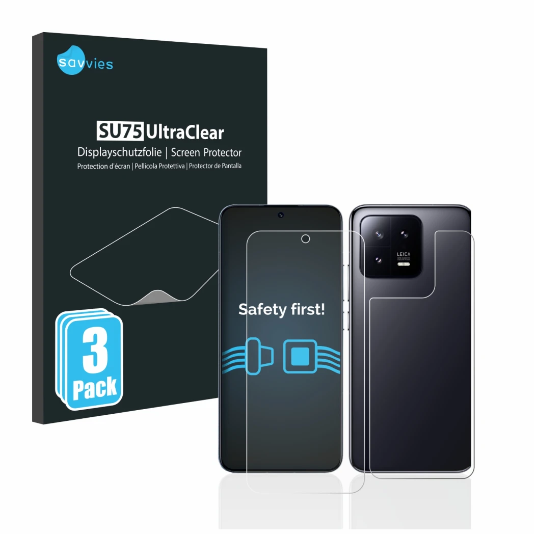 Parte frontale di una confezione del prodotto con il logo del marchio Savvies. Accanto è raffigurato il dispositivo Xiaomi 13 