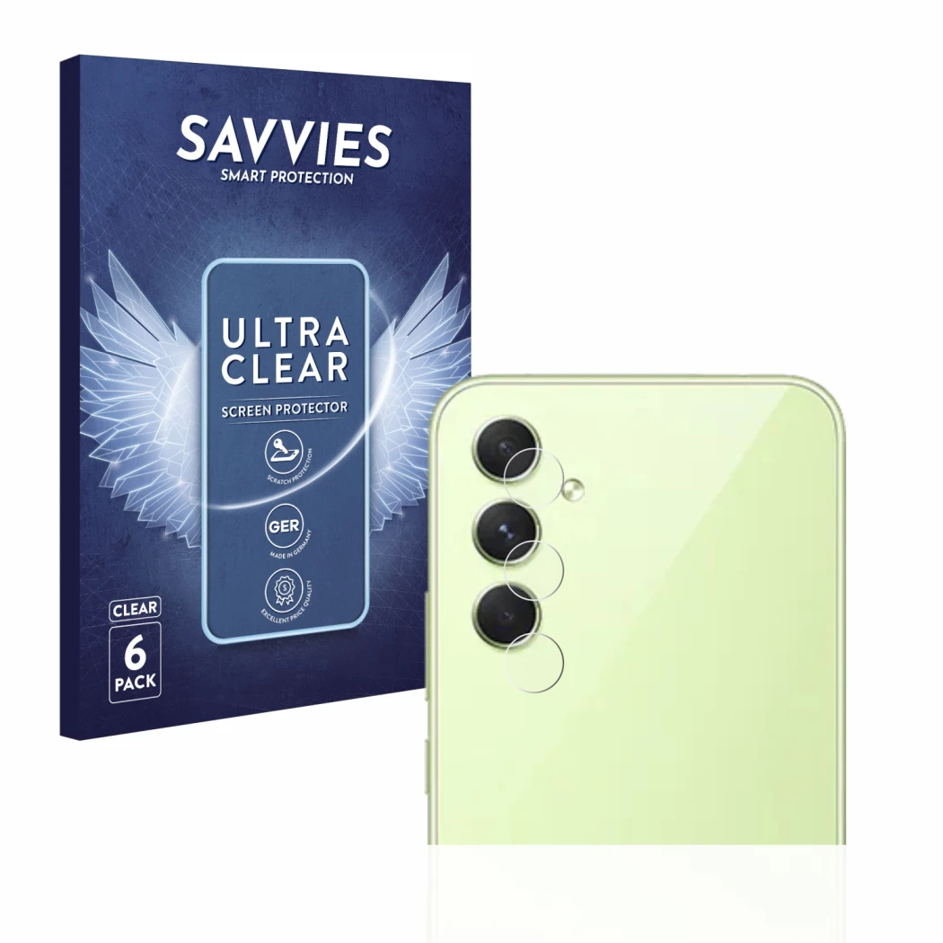 Parte frontale di una confezione del prodotto con il logo del marchio Savvies. Accanto è raffigurato il dispositivo Samsung Ga