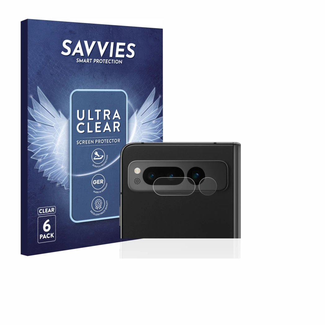 Parte frontale di una confezione del prodotto con il logo del marchio Savvies. Accanto è raffigurato il dispositivo Google Pix