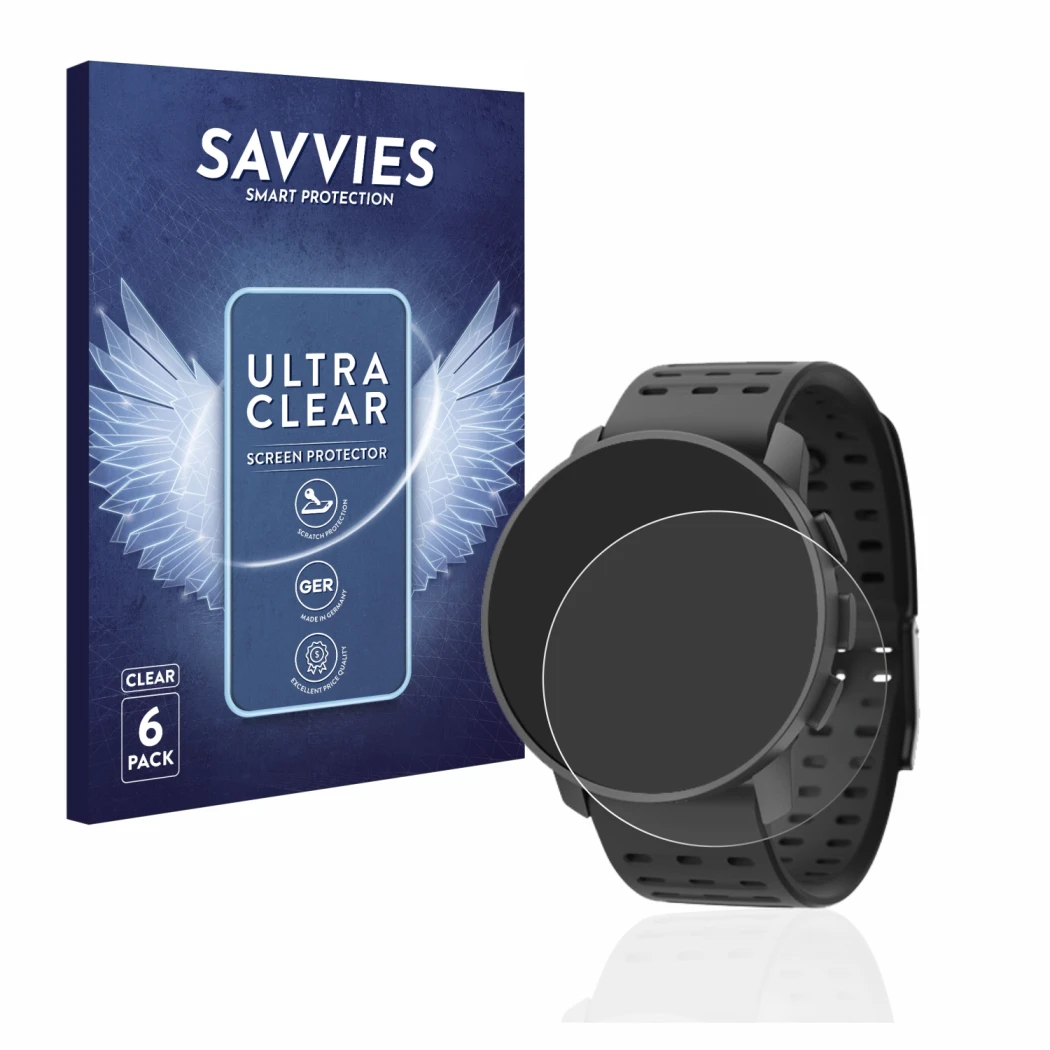 Parte frontale di una confezione del prodotto con il logo del marchio Savvies. Accanto è raffigurato il dispositivo Suunto 9 P