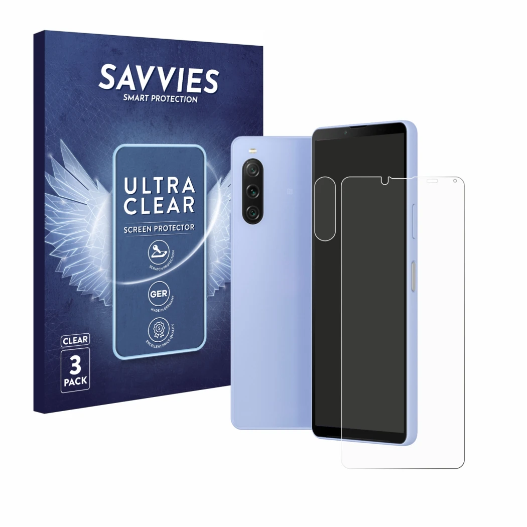 Parte frontale di una confezione del prodotto con il logo del marchio Savvies. Accanto è raffigurato il dispositivo Sony Xperi