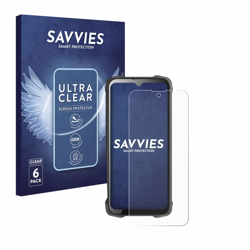 Parte frontale di una confezione del prodotto con il logo del marchio Savvies. Accanto è raffigurato il dispositivo Cubot King