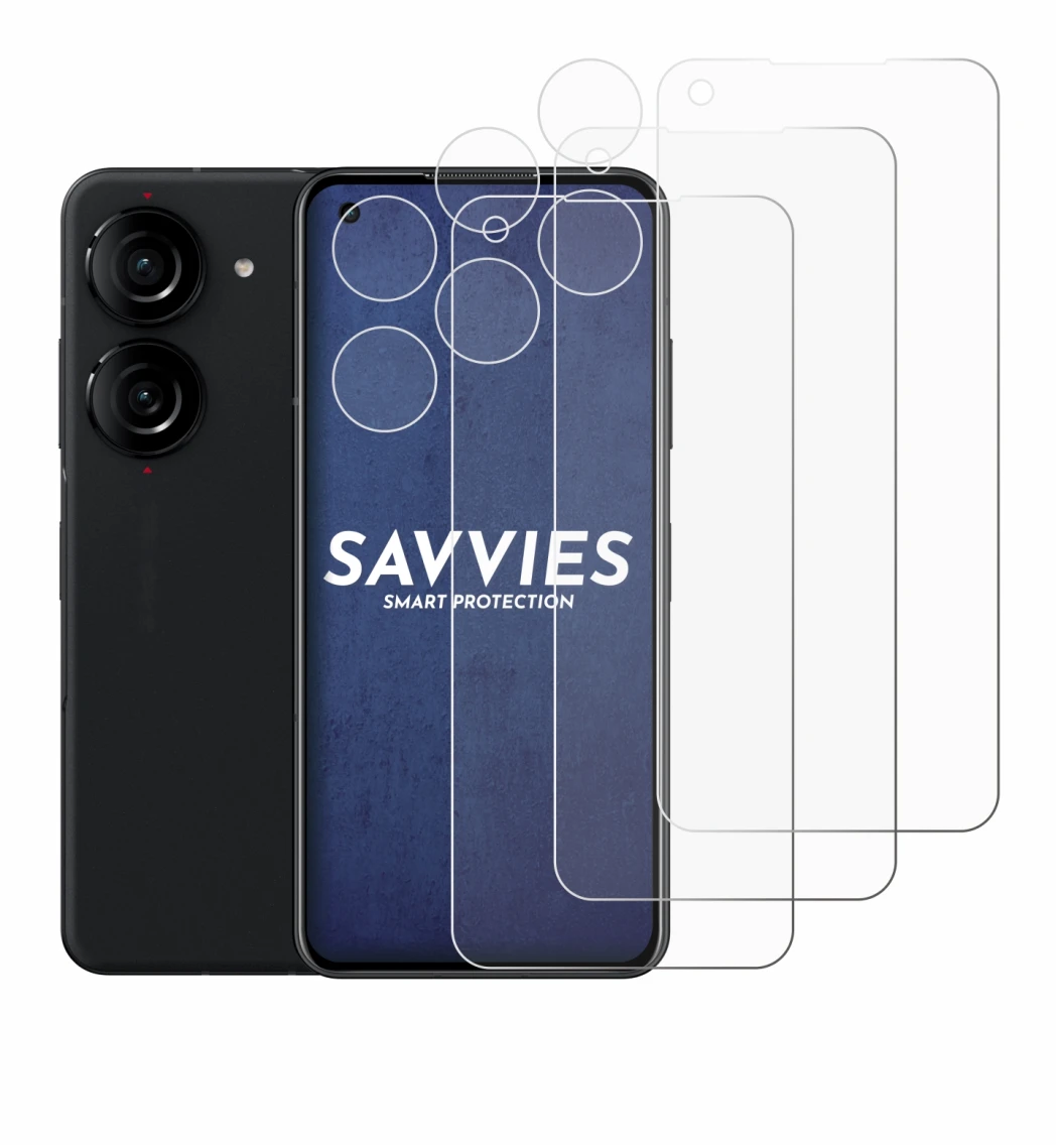Immagine del dispositivo ASUS ZenFone 10 (Fronte+Fotocamera) con un'ampia varietà di protezioni per lo schermo.