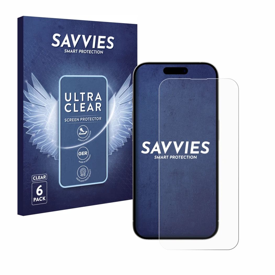 Parte frontale di una confezione del prodotto con il logo del marchio Savvies. Accanto è raffigurato il dispositivo Apple iPho