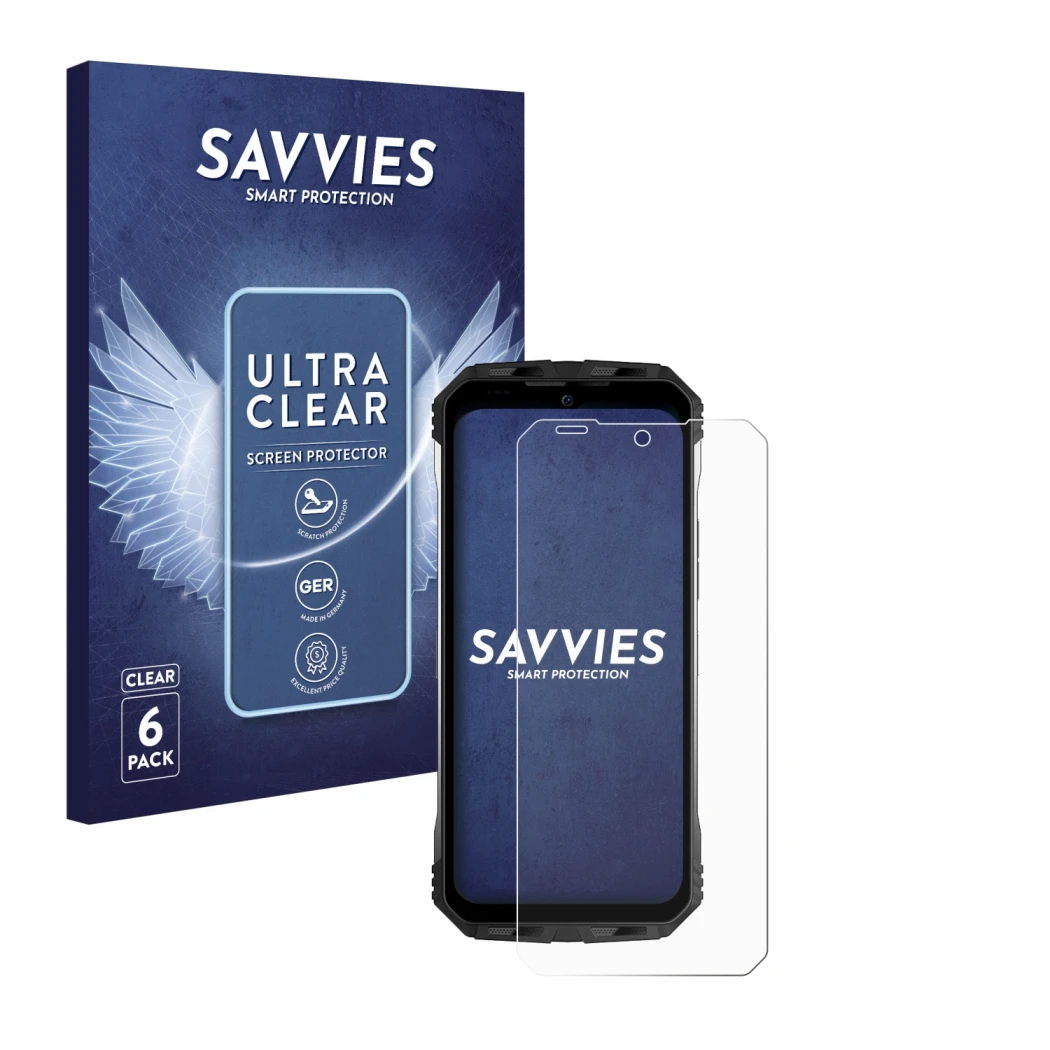 Parte frontale di una confezione del prodotto con il logo del marchio Savvies. Accanto è raffigurato il dispositivo Doogee S10