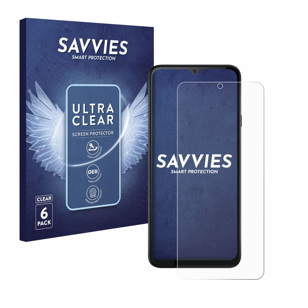 Parte frontale di una confezione del prodotto con il logo del marchio Savvies. Accanto è raffigurato il dispositivo Cubot Note