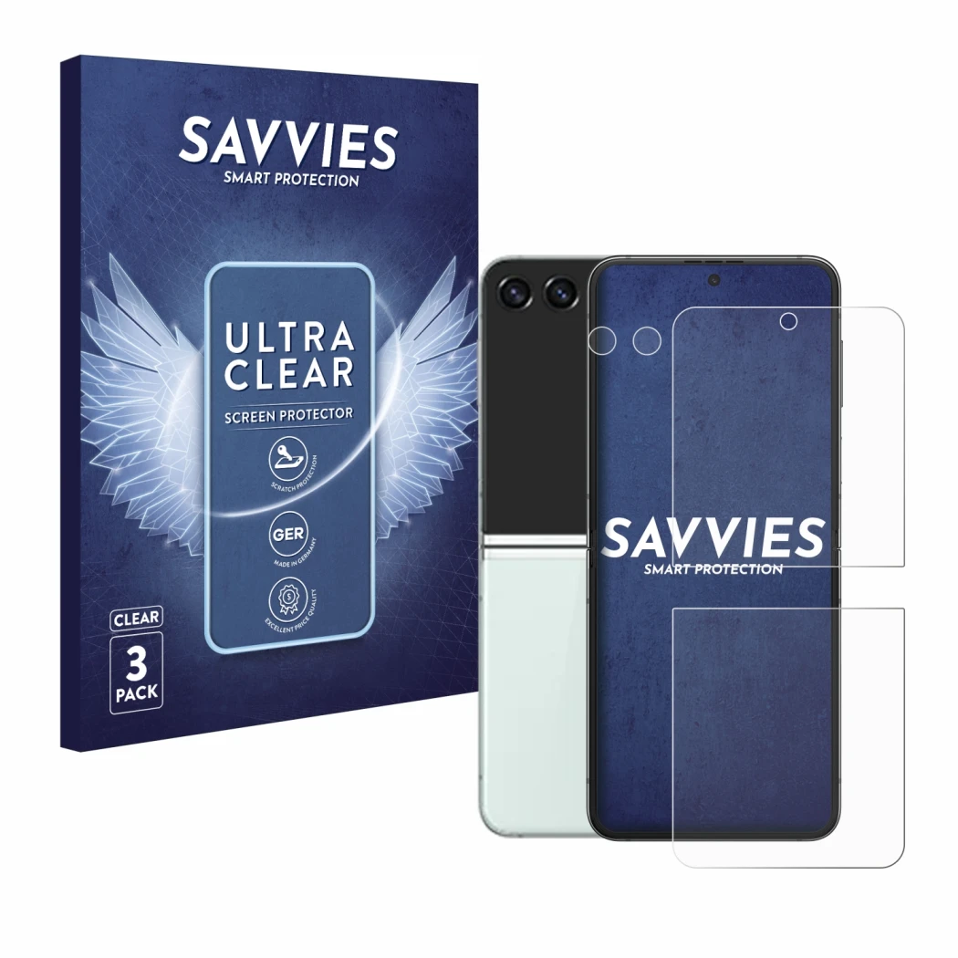 Parte frontale di una confezione del prodotto con il logo del marchio Savvies. Accanto è raffigurato il dispositivo Samsung Ga