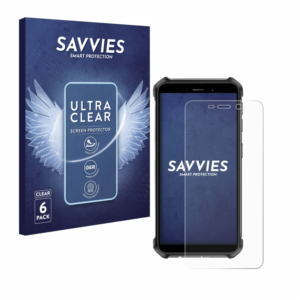 Parte frontale di una confezione del prodotto con il logo del marchio Savvies. Accanto è raffigurato il dispositivo Ulefone Ar
