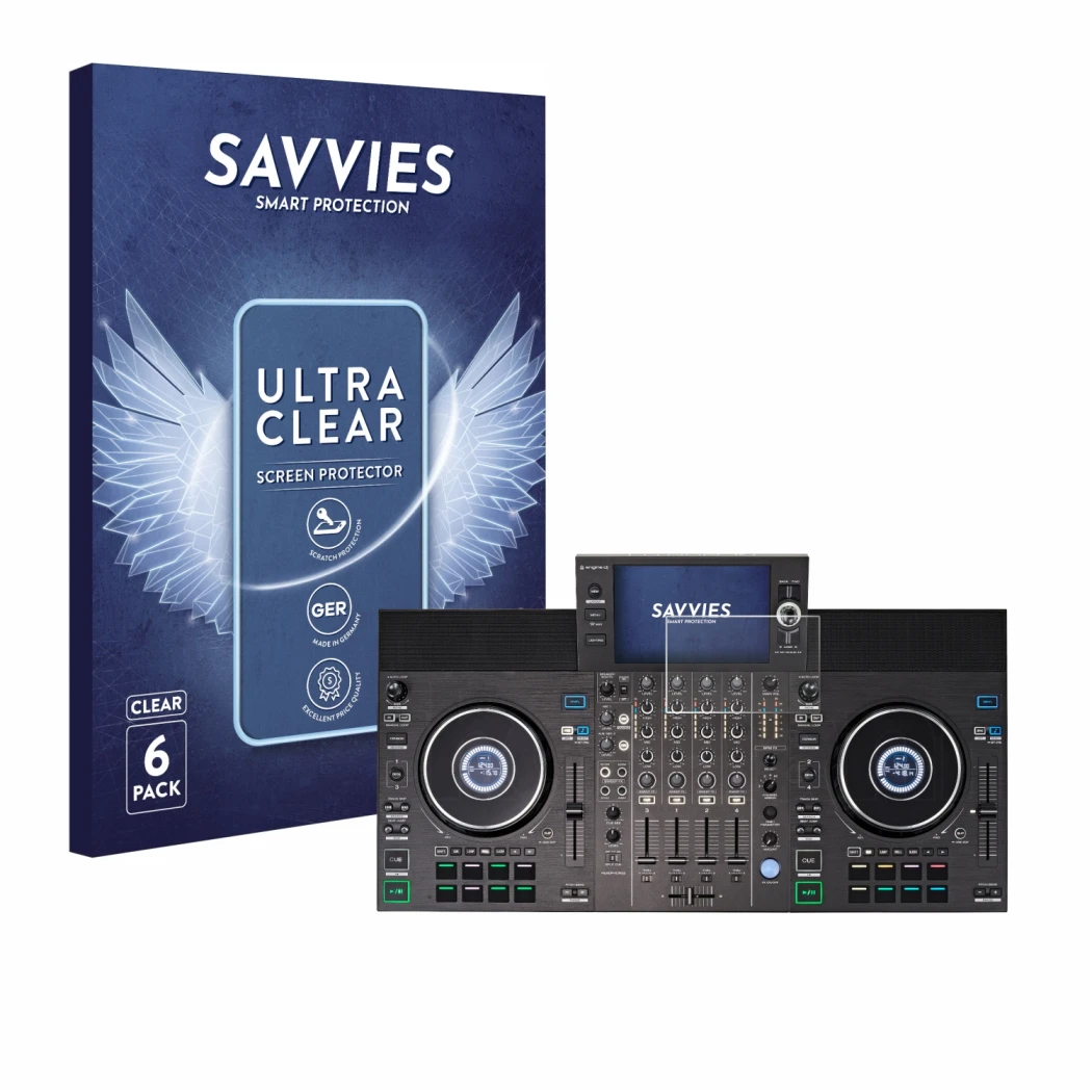 Parte frontale di una confezione del prodotto con il logo del marchio Savvies. Accanto è raffigurato il dispositivo Denon DJ S
