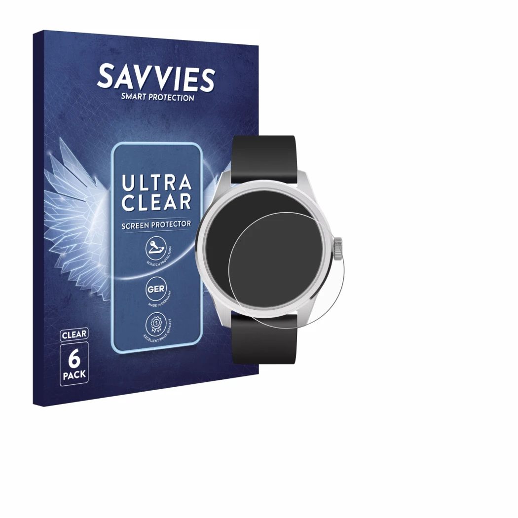 Parte frontale di una confezione del prodotto con il logo del marchio Savvies. Accanto è raffigurato il dispositivo Withings S