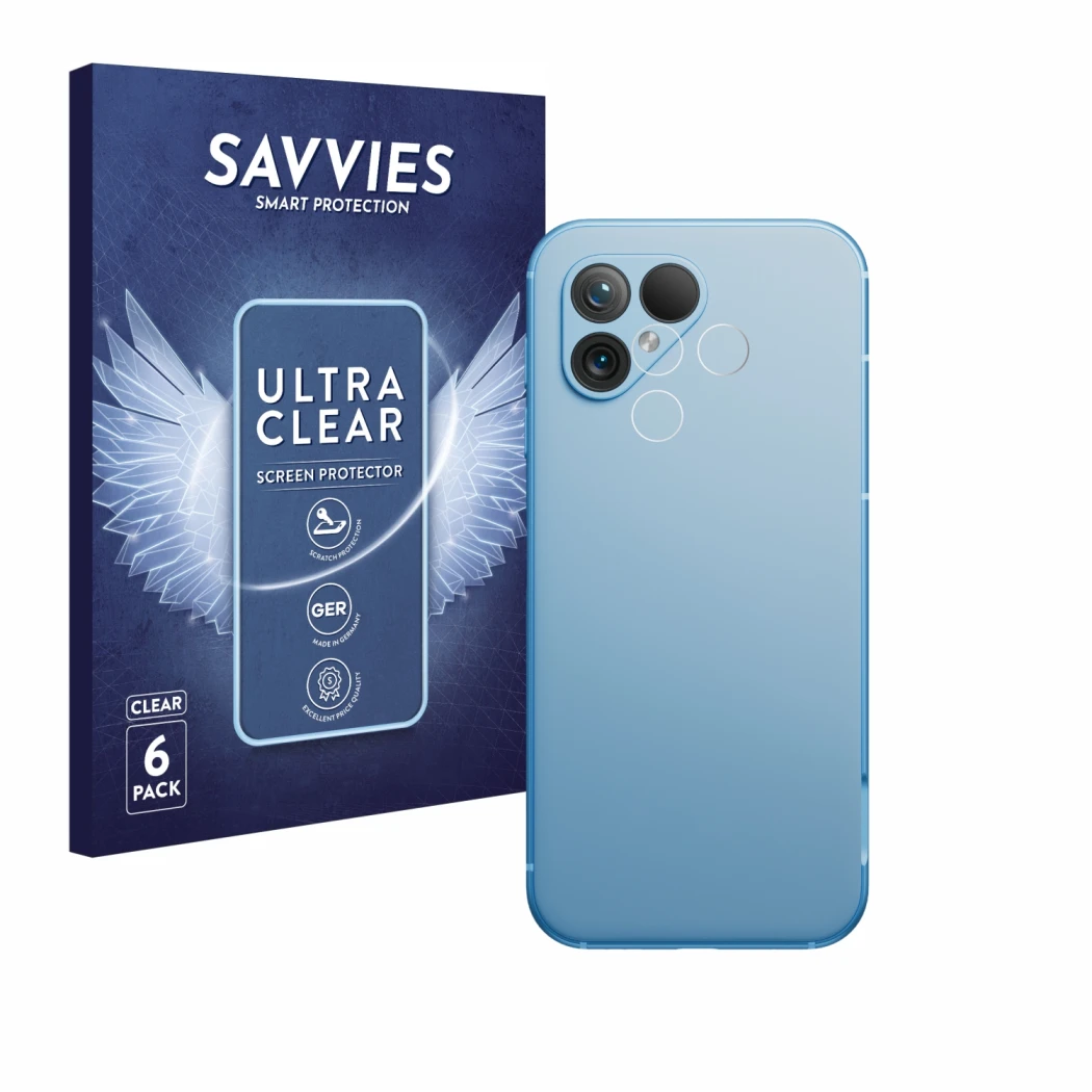 Parte frontale di una confezione del prodotto con il logo del marchio Savvies. Accanto è raffigurato il dispositivo Fairphone 